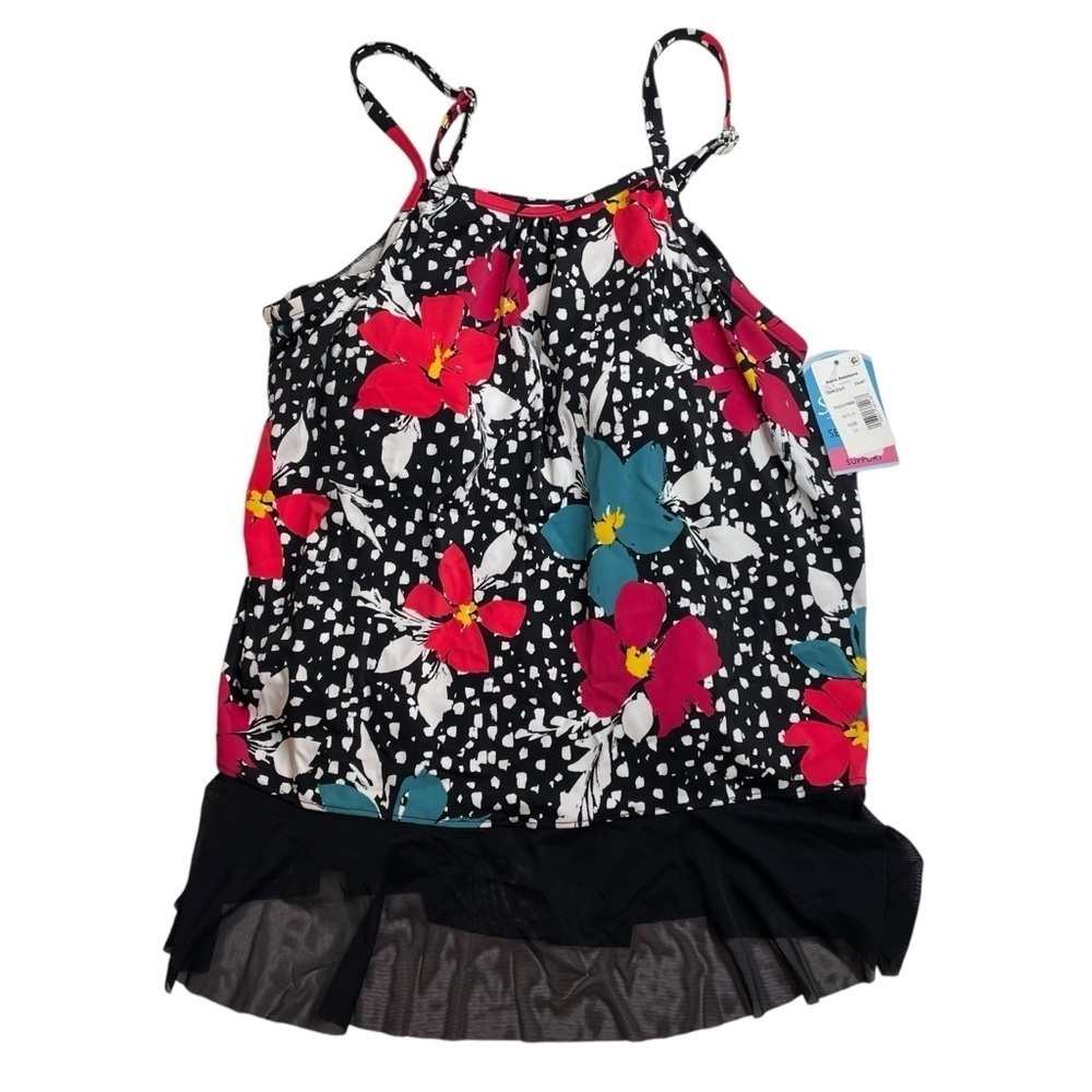 Swim Solutions Floral Bust Support Tankini Swim Top Black White Size 14 New